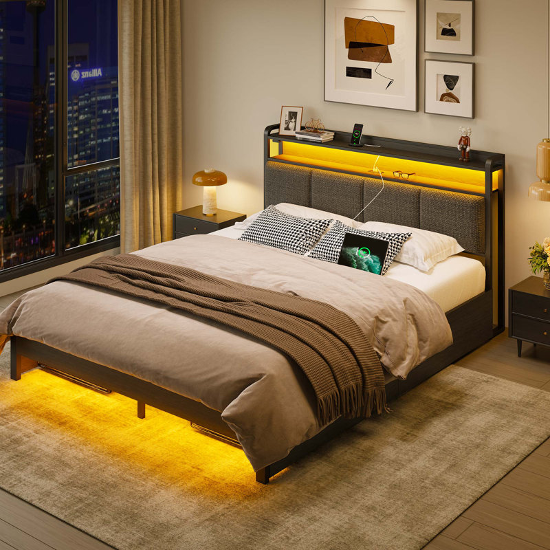 Bed Frame with Headboard, Upholstered Platform Bed with 4 Drawers, Charging Station&LED Lights, Gray, Full/Double