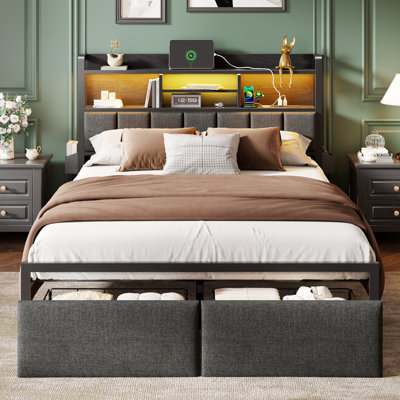 Queen Upholstered Storage Bed Frame with LED Lighting, USB Charging Station, Storage Headboard & 2 Underbed Drawers, Sturdy Metal Platform Bed No Box Spring Needed