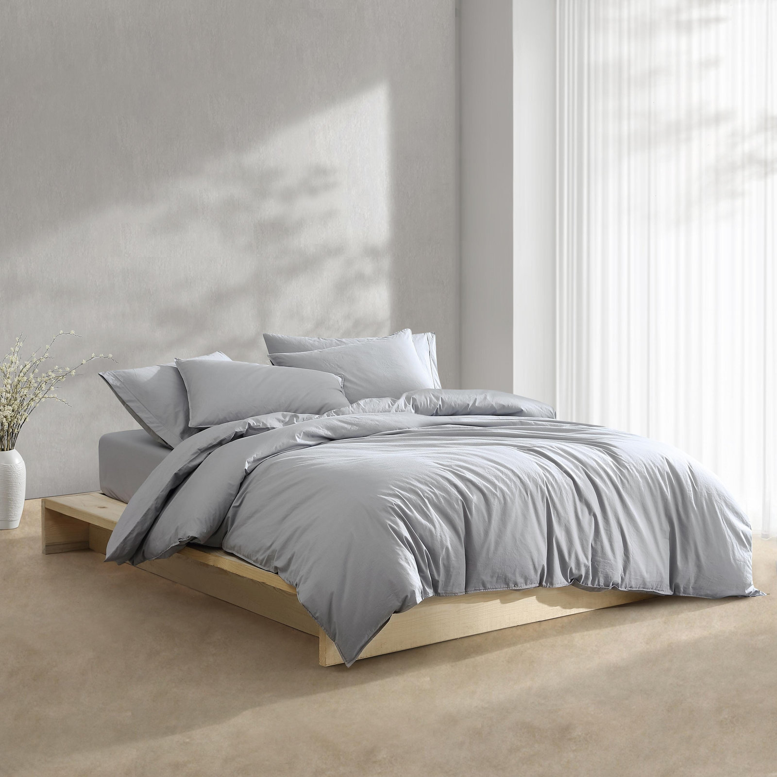 Washed Percale Cotton Duvet Cover Set, Queen Duvet Cover + 2 Standard Shams, Blue Gray