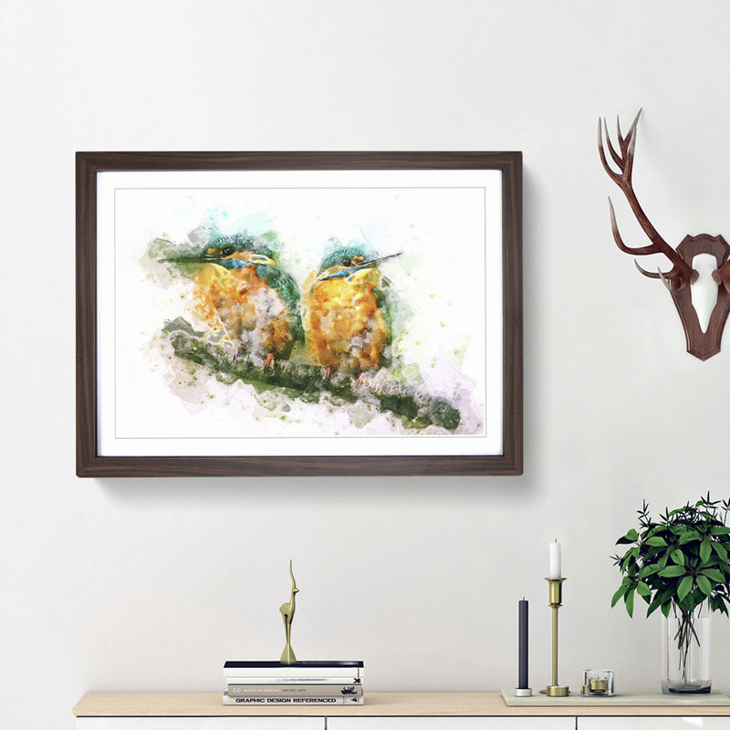 Pair of Kingfisher Birds in Abstract - Picture Frame Graphic Art Print, 27cm H x 36cm W x 2cm D, Walnut Framed