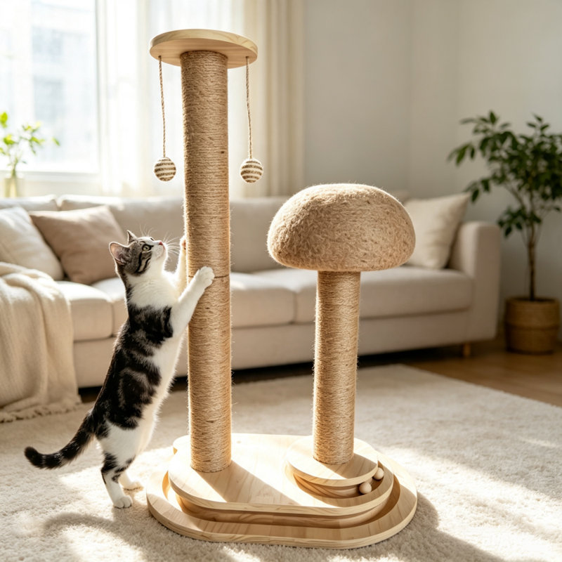 Arbre à chat en bois naturel avec poteaux à griffer en sisal, perchoir à champignon, jouets suspendus et tour d'activité à plusieurs niveaux pour chats d'intérieur