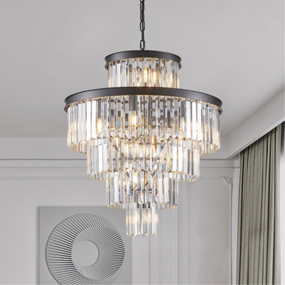 Lustre en cristal noir à 15 lumières de luxe 24 po avec finition - Élégant luminaire suspendu à 5 niveaux pour le salon, la salle à manger ou le vestibule