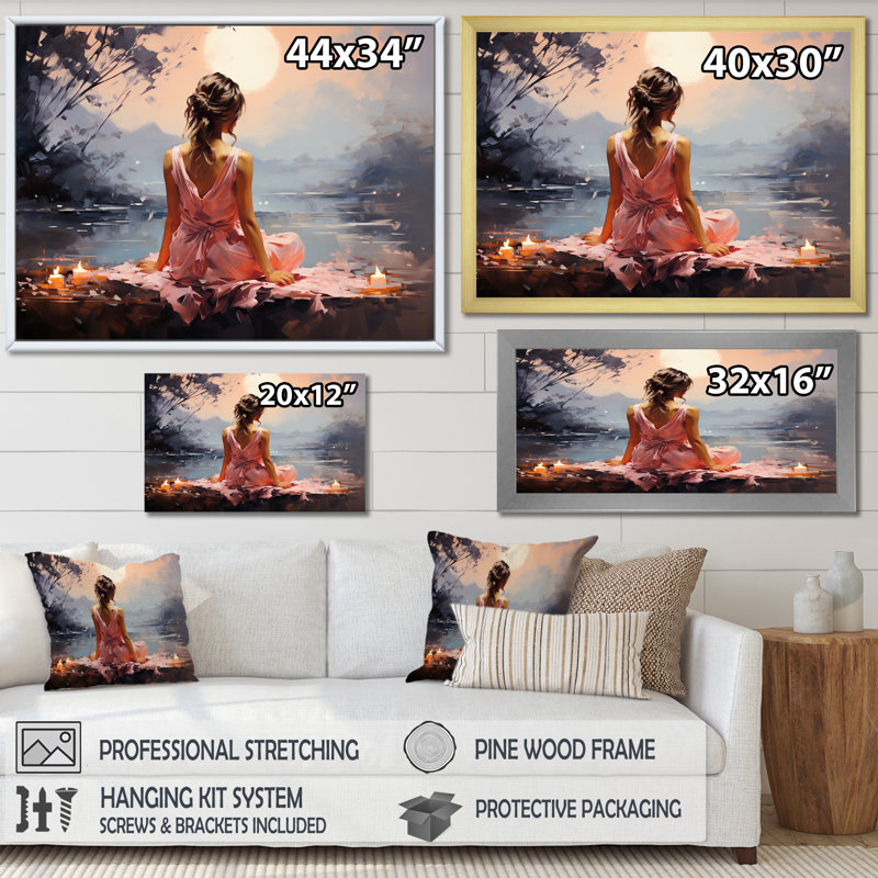 «Pink Yoga Mediation II», reproduction sur toile, H 30 po x l 40 po x P 1,5 po, Cadre flottant blanc