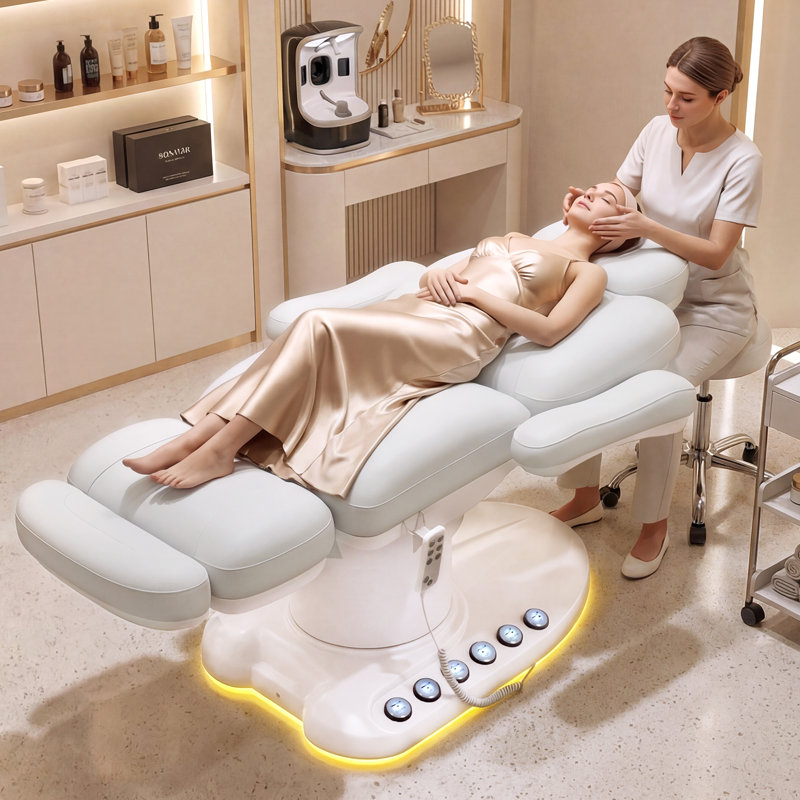 Table de massage électrique à 3 moteurs avec tabouret, hauteur et dossier réglables, station de charge intégrée et lumière DEL, pour le spa, le visage et le salon