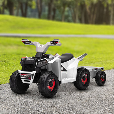 ATV Quad Car With Back Trailer, 6V Electric Ride On Car With Forward Backward Function, Wear-Resistant Wheels For Toddlers Ages 18-36 Months, White