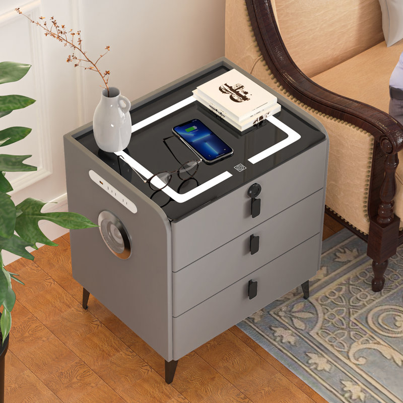 Kaylena 3 - Drawer Nightstand with Fingerprint Lock and LED Lights and Music Player, Grey