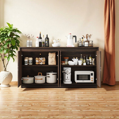 Élégant buffet à 4 portes en noyer avec prise de courant et conception sans poignée - rangement moderne pour la salle à manger, la cuisine ou l'espace de vie