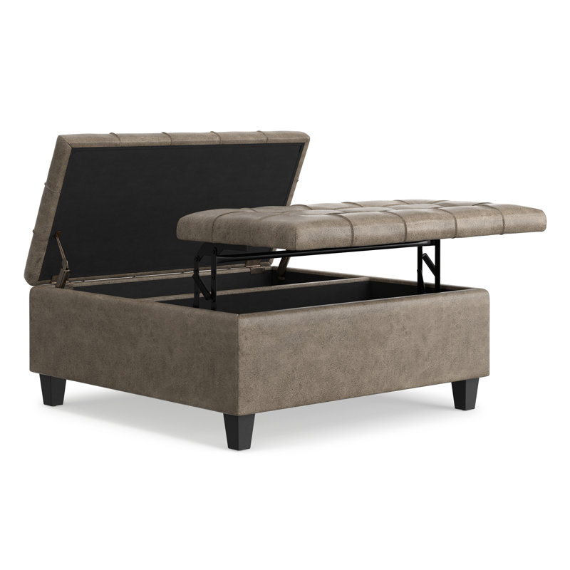 Harrison 36"W Upholstered Faux Leather Transitional Square Lift-Top Ottoman With Storage