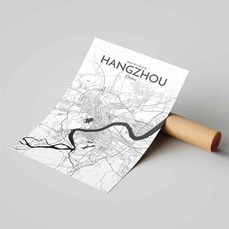 " Hangzhou China|中國 City Map ", 17" H x 11" W, Black/White