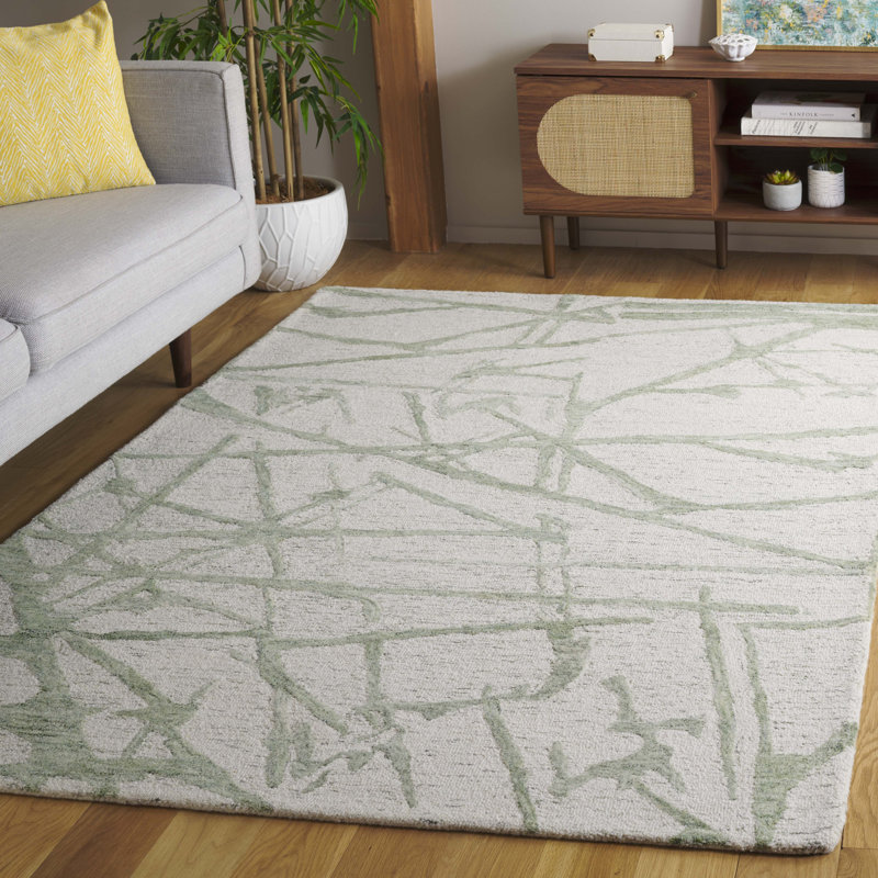 Khloie Ebony Hand Tufted Wool/Cotton Abstract Rug in Ivory/Light Green, Rectangle 5' x 8'