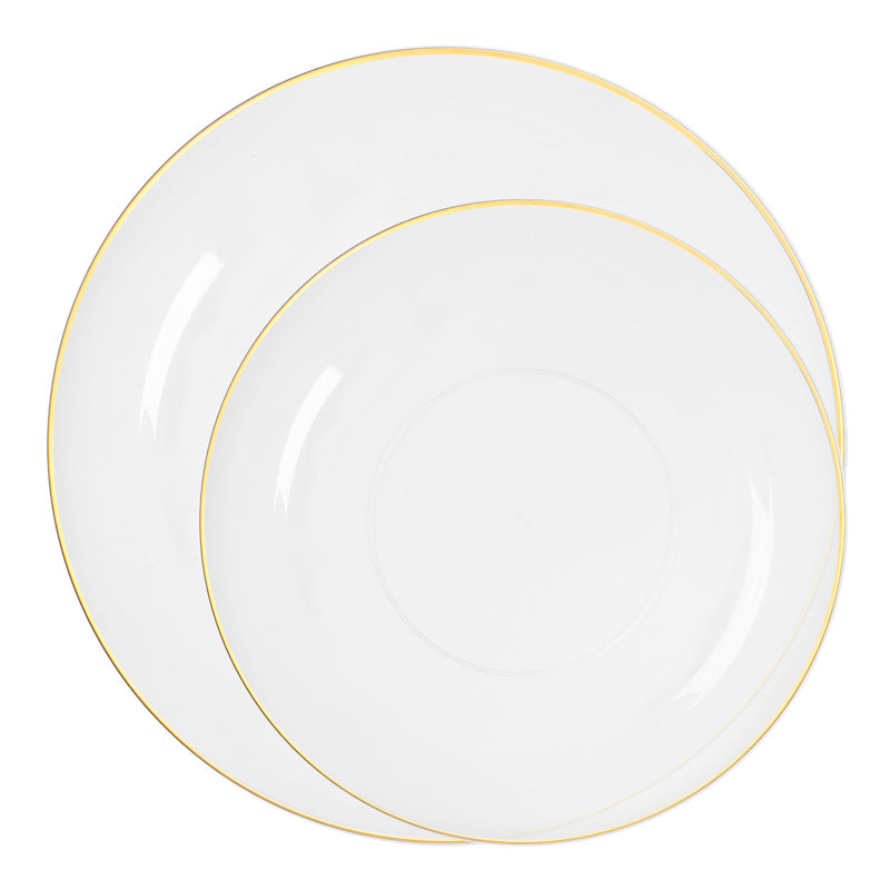 Service de table rond en plastique organique transparent à bordure dorée - 120 services