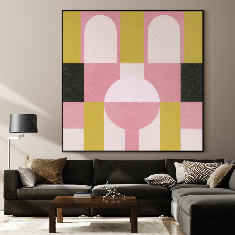 Très grand art mural imprimé sur tissu - Arches géométriques modernes dans des tons roses et moutarde pour le salon ou la chambre à coucher - «Assemblage requis du cadre (cadre non fini)»
