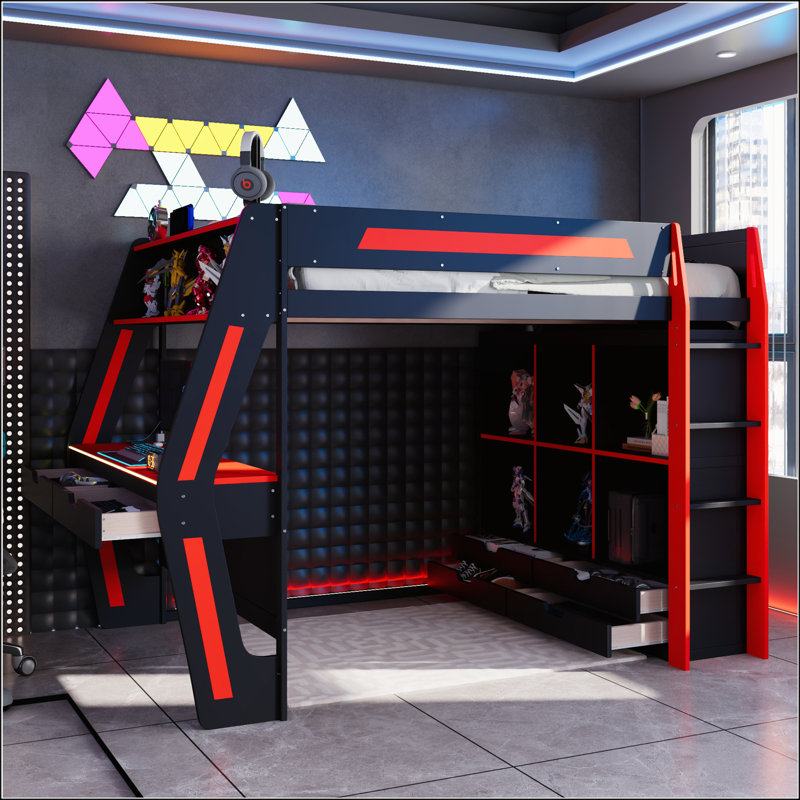 Full Size Gaming Loft Bed with Integrated Desk, Smart RGB LED Lights, USB Ports, and Ample Storage, Ideal for Modern Gamers