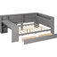 Lit double en bois gris avec tablettes de rangement, tiroirs, charge intégrée, éclairage à DEL et une tête de lit avec plateforme de rangement, station de charge et bureau rembourré