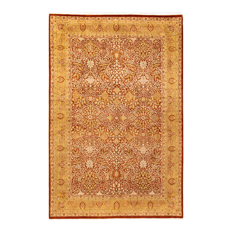 Tapis orange noué à la main de conception unique 6 pi 1 po x 9 pi 4 po Keenan