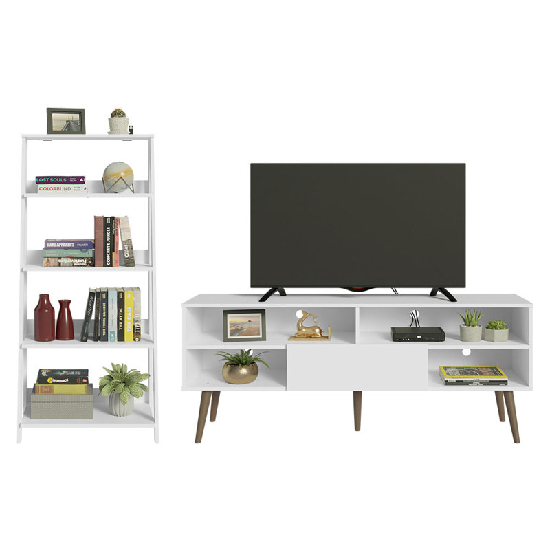 Meuble télé moderne avec 1 porte, 4 tablettes et bibliothèque échelle Maytal, Blanc