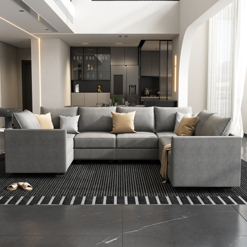 U-Shaped Corner Modular Upholstered Sectional Sofa with Storage Seat, Gray Polyester