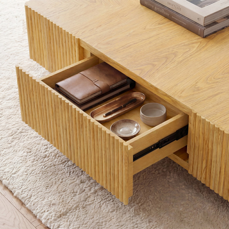 Table basse carrée en bois massif 35,3 pouces avec 2 tiroirs, frêne et chêne fabriqués à la main, Brun