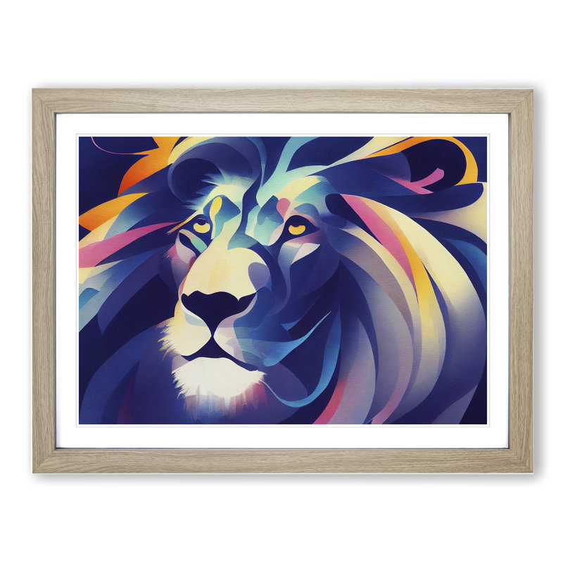 Animated Lion Abstract - Single Picture Frame Print, 34cm H x 46cm W x 2cm D, Oak Framed