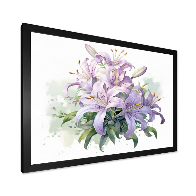 Symphonie de lys mauve et vert I - art mural floral, H 30 po x l 40 po x P 1,5 po, Cadre simple noir