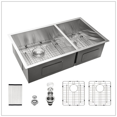 18 Gauge Stainless Steel 33X19 Inch Undermount Double Bowl Kitchen Sink (60/40) With 9 Inch Deep Sink