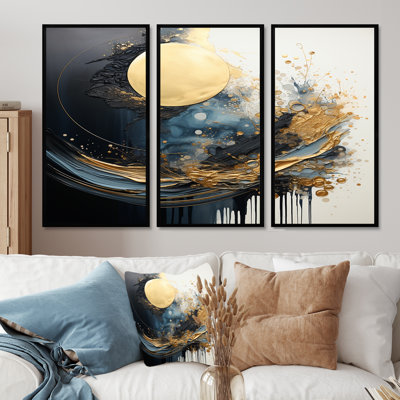 «Golden Full Moon Rising Ocean Waves II», ensemble d'art mural paysage abstrait