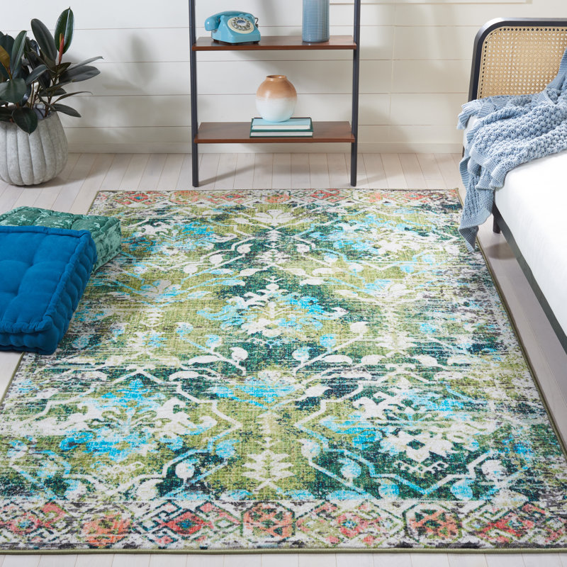 Gurgen Floral Green/Light Blue Area Rug, Rectangle 5'5" x 7'7"