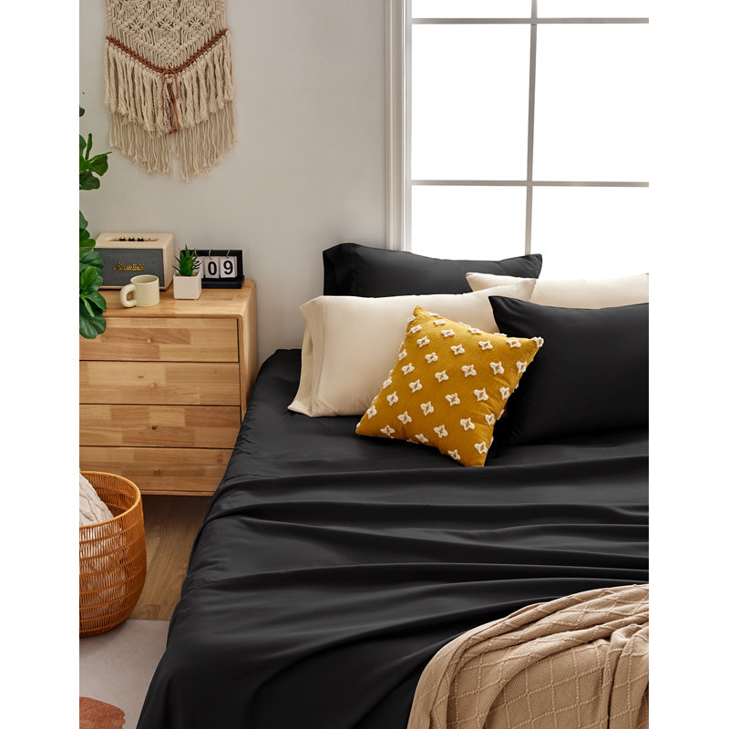  Ensemble de draps 4 pièces en microfibre / polyester, Ensemble de draps pour grand lit + un drap-housse , Noir
