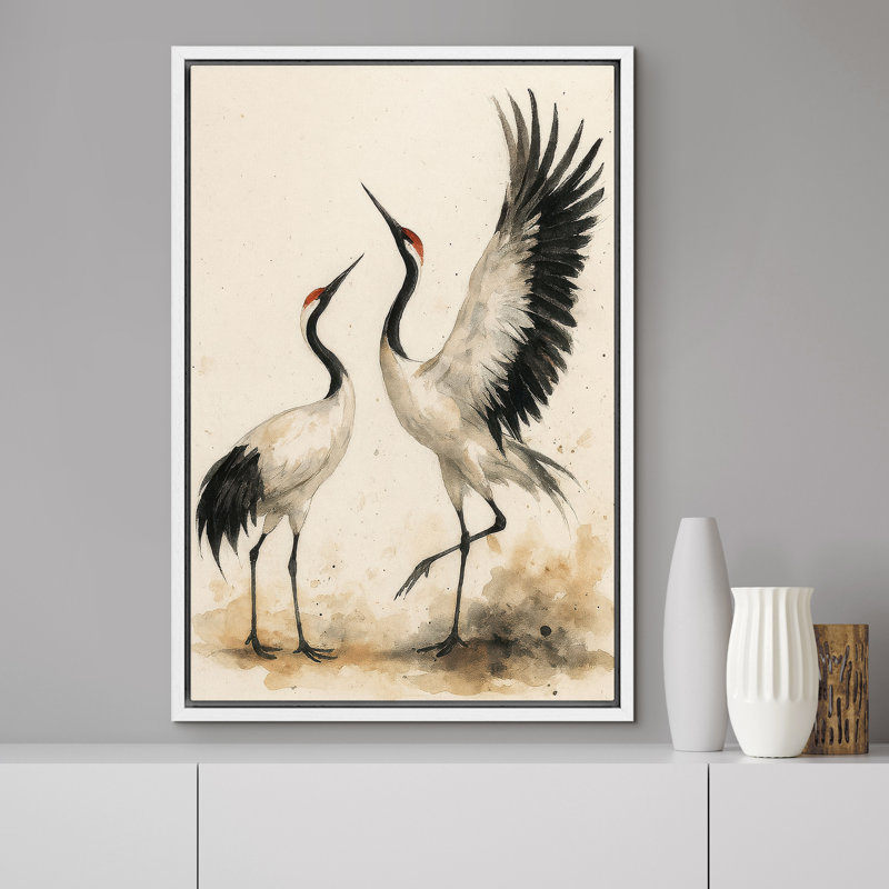 «Dancing Red-Crowned Cranes Nature Scene», reproduction d'art sur toile encadrée, H 24 po x l 16 po x P 1,5 po