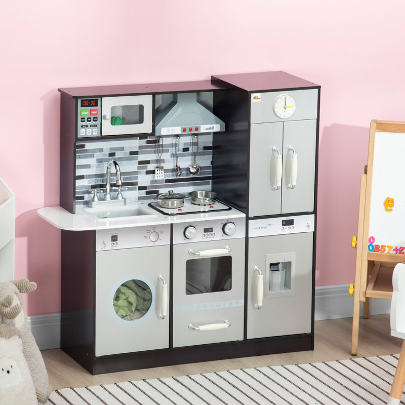 Wooden Play Kitchen with Lights Sounds,  Washing Machine, Water Dispenser, Gift for 3-6 Years Old
