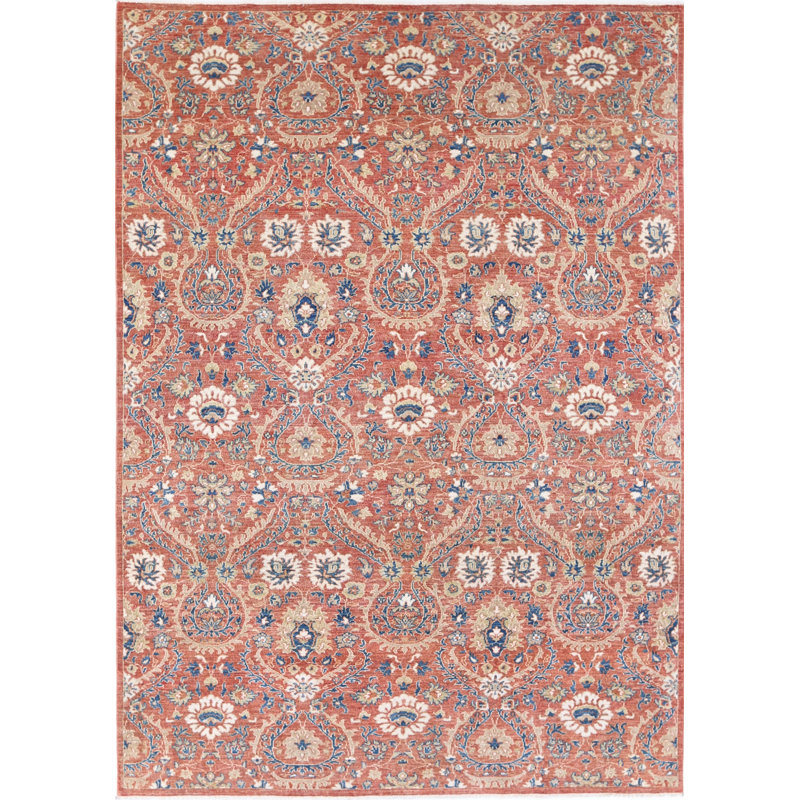 Tapis rouge / bleu marine / beige en laine noué à la main 6,6 x 9,6 pi
