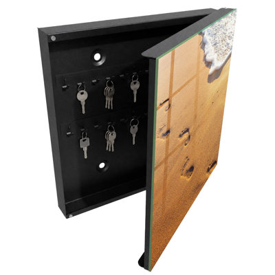 Key box, Opens to the right, 30x30x5, White, Beach with footprints by the sea wave, 