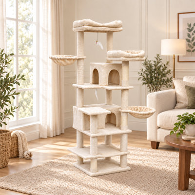 Arbre à chat 68 po à plusieurs niveaux avec hamacs, grotte pour chat, coussins amovibles et poteaux à griffes