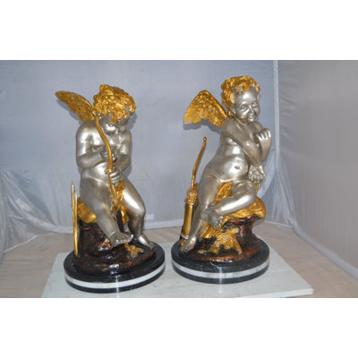 Headrick Cupid Girl On A Rock Bronze Statue -  Size: 20"L x 15"W x 25"H.