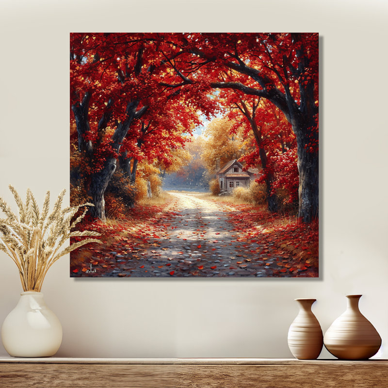 Red Autumn Road Coming Home - Art mural arbre, Toile tendue, H 30 po x l 30 po