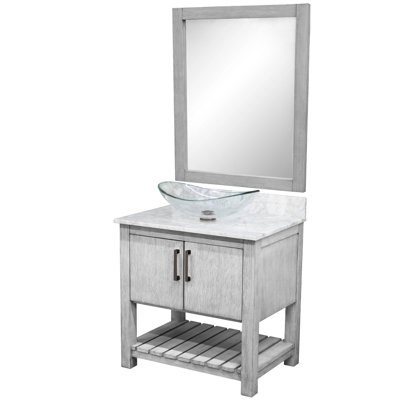Meuble-lavabo gris de 36 pouces avec comptoir en marbre de Carrare, lavabo vasque en verre, miroir et quincaillerie en bronze huilé