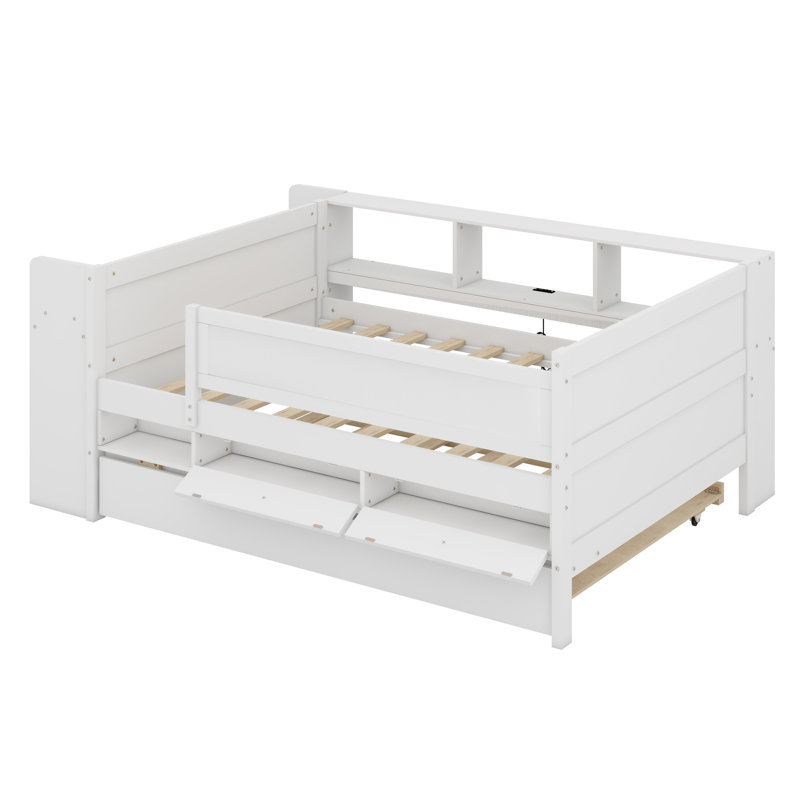 Lit de jour avec lit gigogne, tablettes et tables, station de charge USB, Blanc