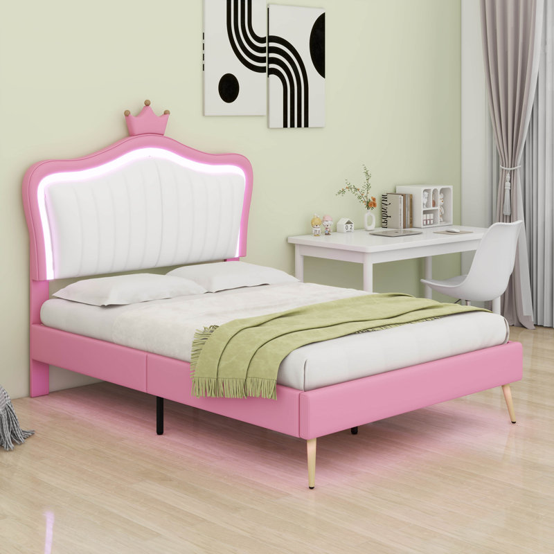 Structure de lit tapissier avec lumières DEL, lit plateforme en similicuir moderne avec tête de lit tapissier Crown