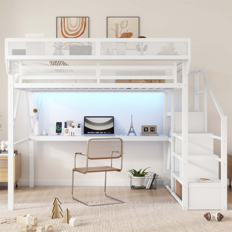 Grand lit mezzanine en métal avec bureau, station de charge et escalier, idéal pour les enfants et les adolescents, peu encombrant et fonctionnel (sans matelas)