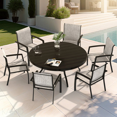 Outdoor Round Patio Dining Table for 6-7, All Weather Metal Dining Table with Umbrella Hole for Deck Lawn Garden Backyard, Black Colour