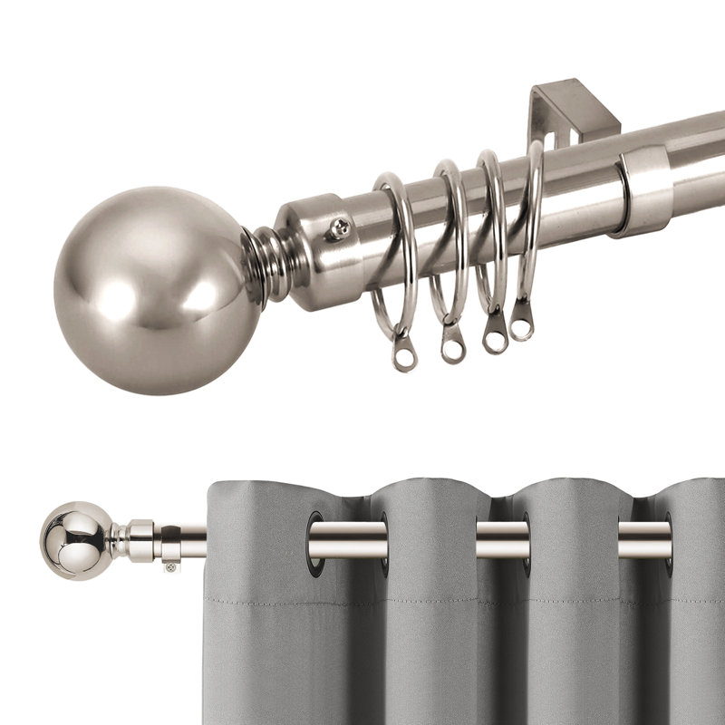 Wall Mounted Adjustable Sustainable Single Curtain Rod Set with Finial, 160 cm x 300 cm , Brushed Silver