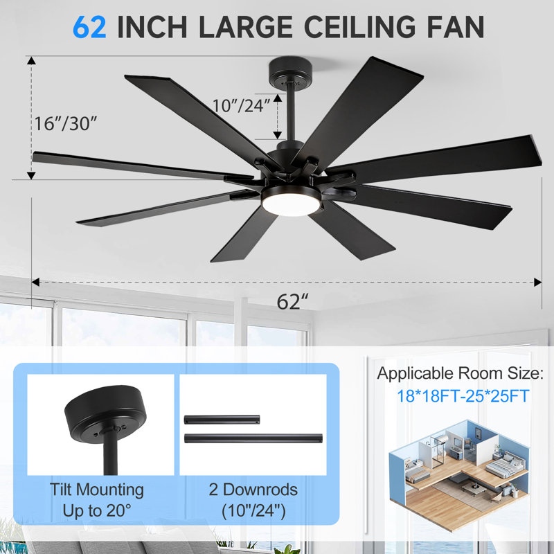 62''/72" 8-blade Modern Smaart Ceiling Fan With Dimmable 5cct Led Lights And Remote Control And App, Black, 62", Black