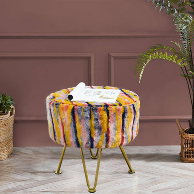 Multi Jacquard Round Faux Fur Ottoman