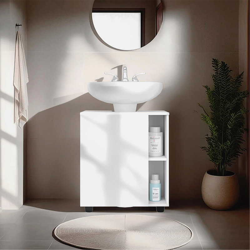 Armoire sous l'évier à deux tablettes latérales avec une porte, arrière ajouré, rangement compact pour salle de bain à fixation libre 22 po, blanc