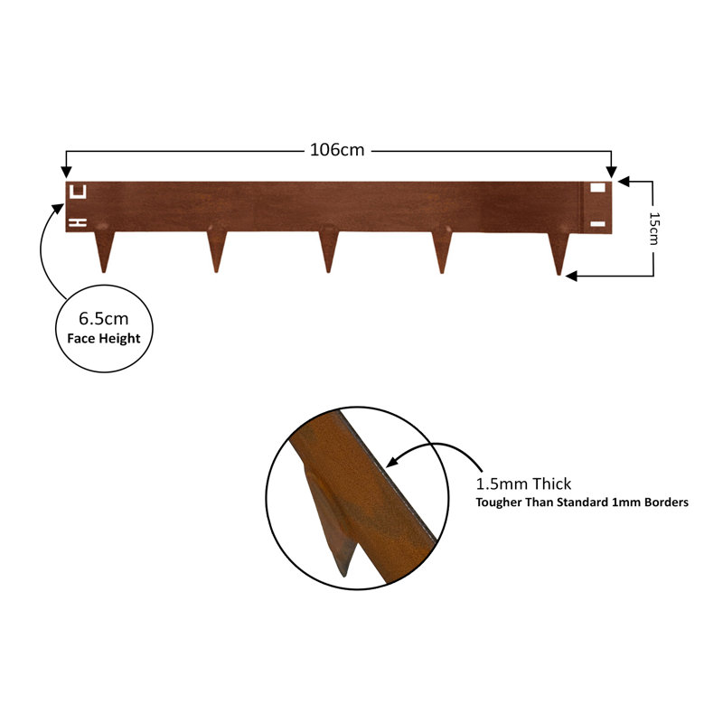 Metal Edge Long 15cm H x 106cm W Galvanised Steel Lawn Edging, Brown