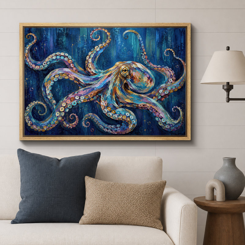 Art de pieuvre colorée, impression sur toile, impression sur toile encadrée, H 24 po x l 36 po x P 1,5 po, Cadre naturel