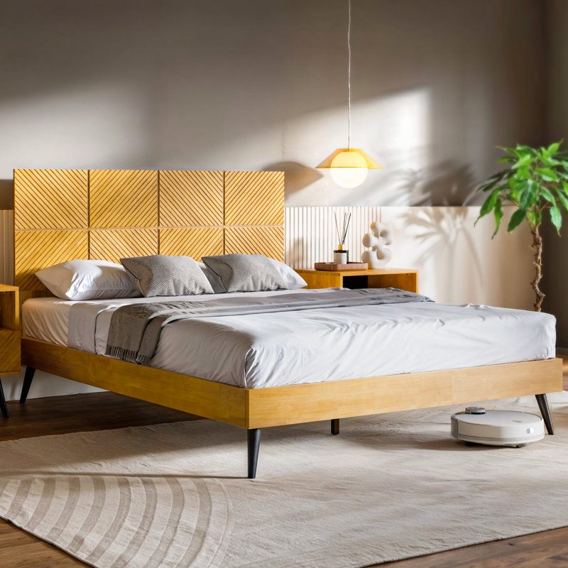 Rhombus Solid Rubber Wood Queen Platform Bed Frame with Geometric Headboard & Tapered Legs – Teak Brown, Queen, Teak Brown