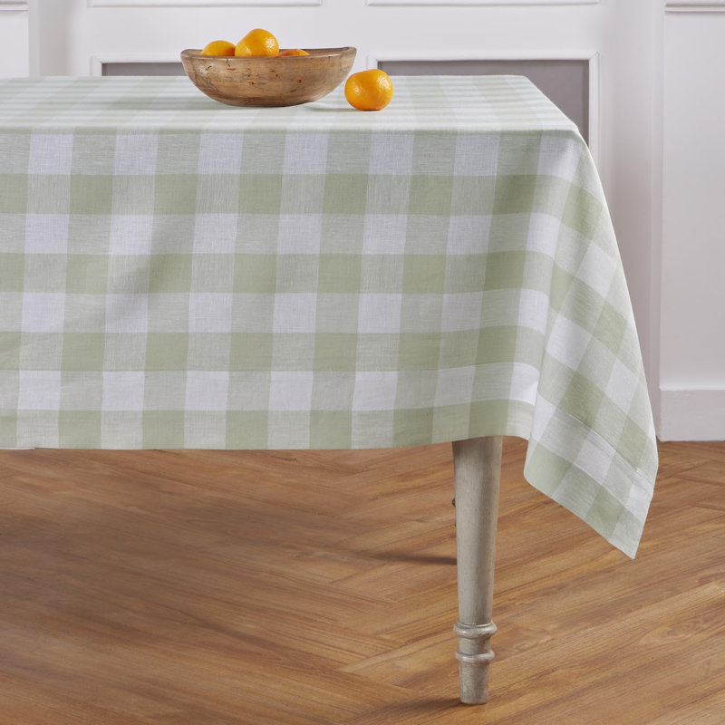 Buffalo Check - 100% Pure Linen Tablecloth, 132" L x 60" W, Sage/White, Checkered