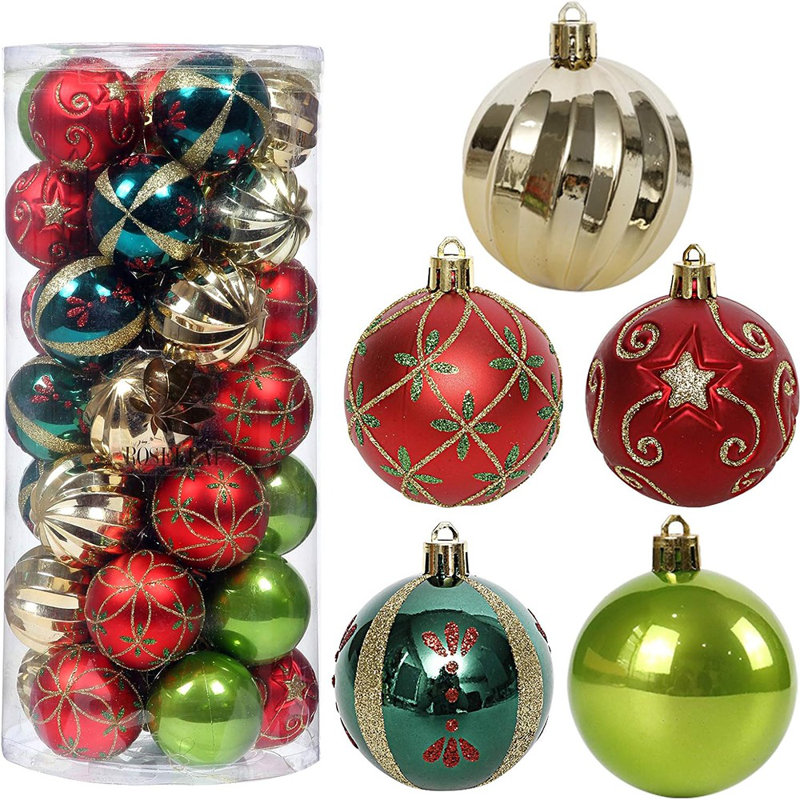 Ornements d'arbre de Noël incassables - boules suspendues en plastique rouges, vertes et dorées pour Noël, mariage et fiançailles