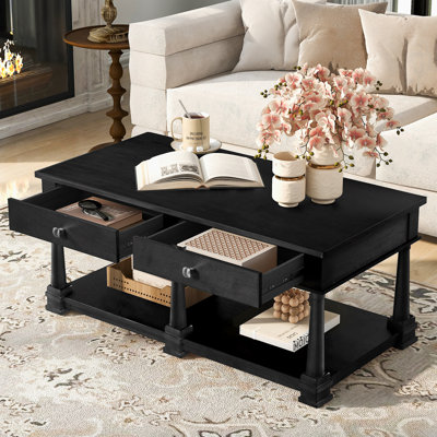 Wooden Coffee Table with 2 Storage Drawers & Lower Open Shelf, Rectangular Cocktail Table with Solid Wood Legs for Living Room